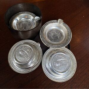 Silver plate small ashtray set with engraved design. Santiago, Spain. Vintage.